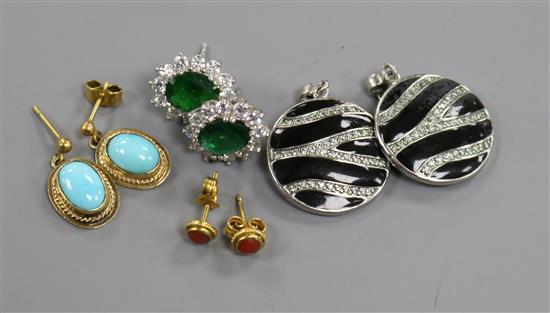 Four assorted pairs of earrings including 14k gold and coral and 9ct gold and turquoise.
